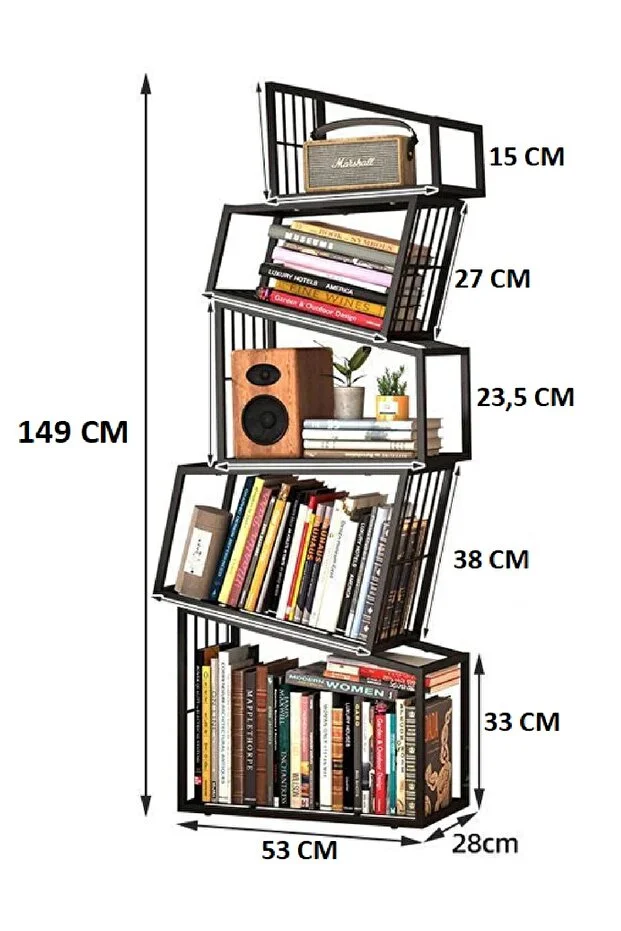 Metal Siyah Renk Endüstriyel Tasarım Kolay Kurulum Puzzle Kitaplık Aksesuar Rafı